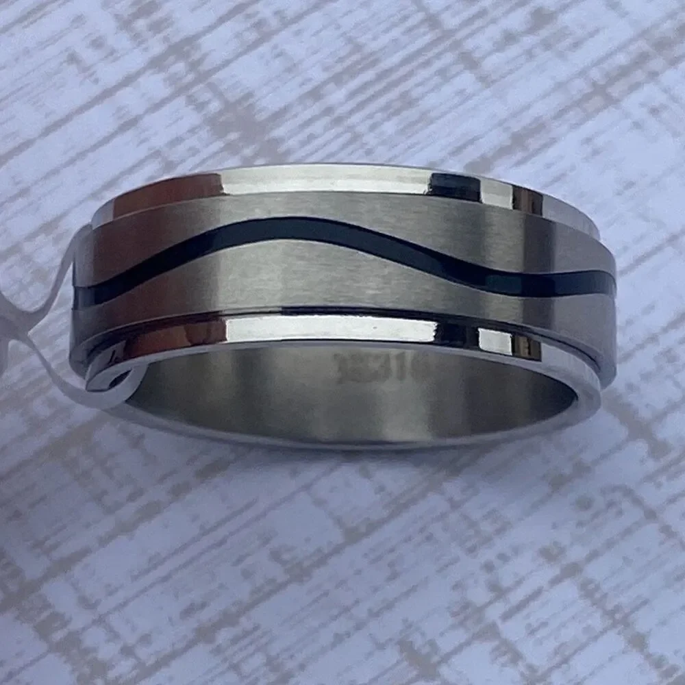 Men’s Spinner Ring Size 11 Stainless Steel Fidget Band Silver w/ Black Wave